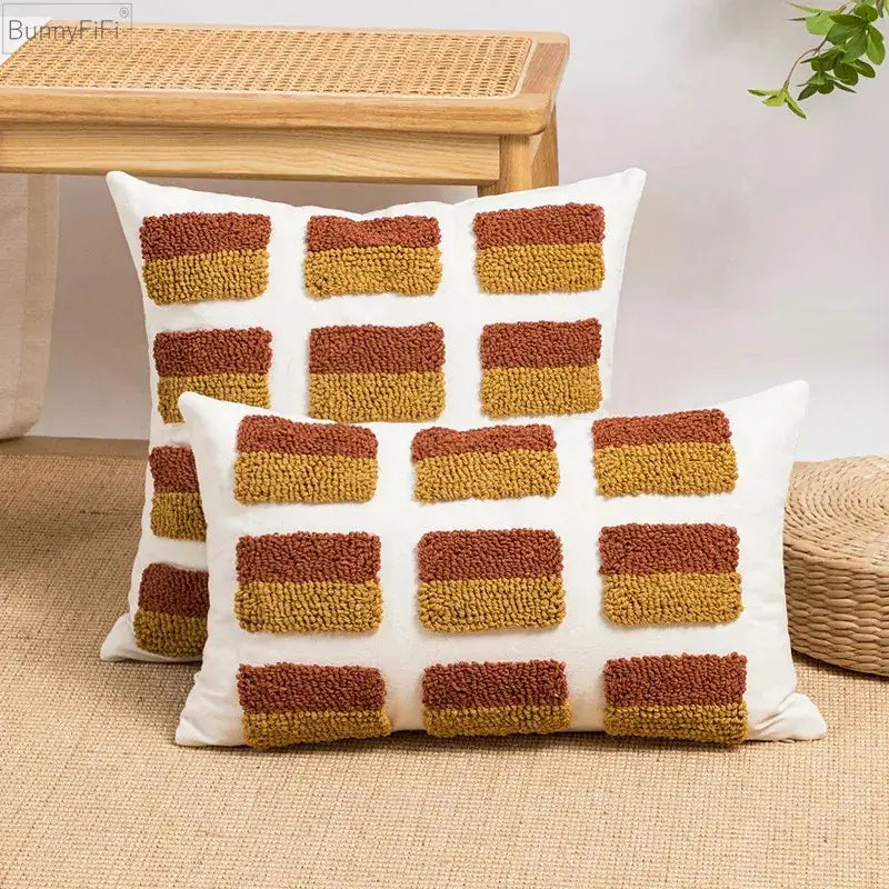 White throw pillow with geometric embroidery circle cushion cover in rust and mustard for living room earthy decorbites decor