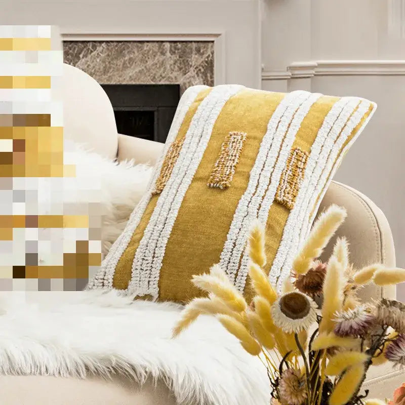 A mustard yellow cushion cover with white woven stripes and beaded accents for decorbites geometric embroidery circle decor