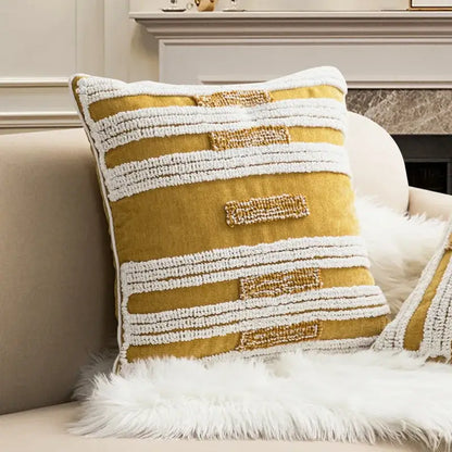 Mustard-yellow cushion cover with white textured stripes and decorbites geometric embroidery circle for living room decor