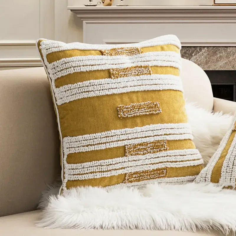 Mustard-yellow cushion cover with white textured stripes and decorbites geometric embroidery circle for living room decor