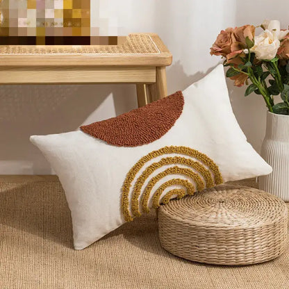 White rectangular cushion cover with decorbites geometric embroidery circle in earthy rust and mustard tones for living room decor