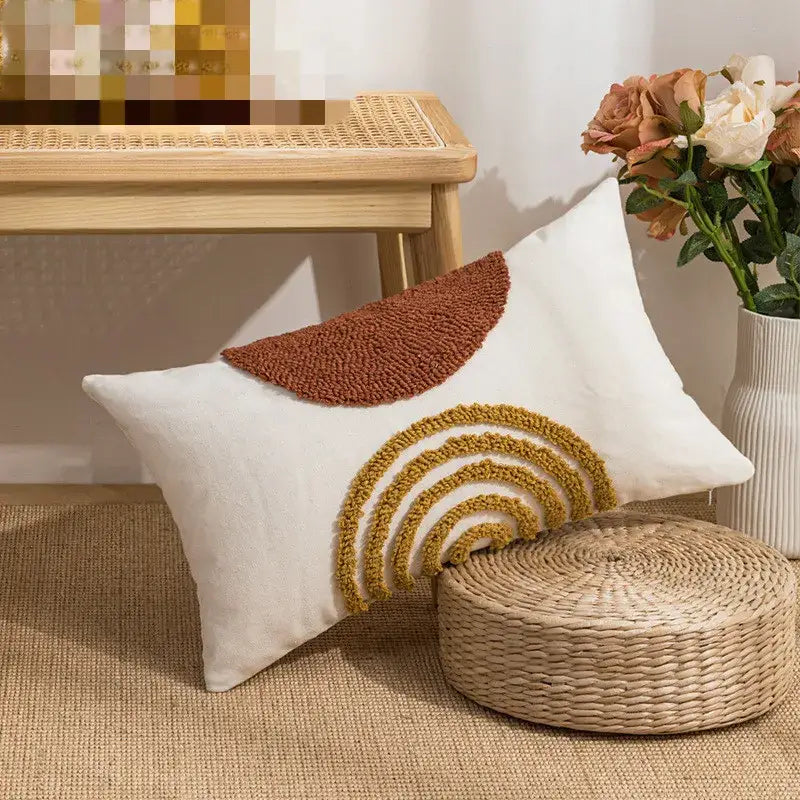 White rectangular cushion cover with decorbites geometric embroidery circle in earthy rust and mustard tones for living room decor
