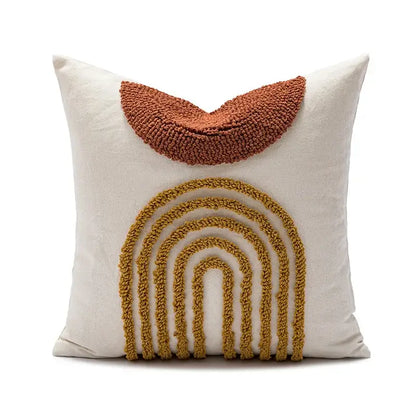 Cream-colored cushion cover with terracotta brown and mustard yellow chunky yarn geometric embroidery circle decorbites design