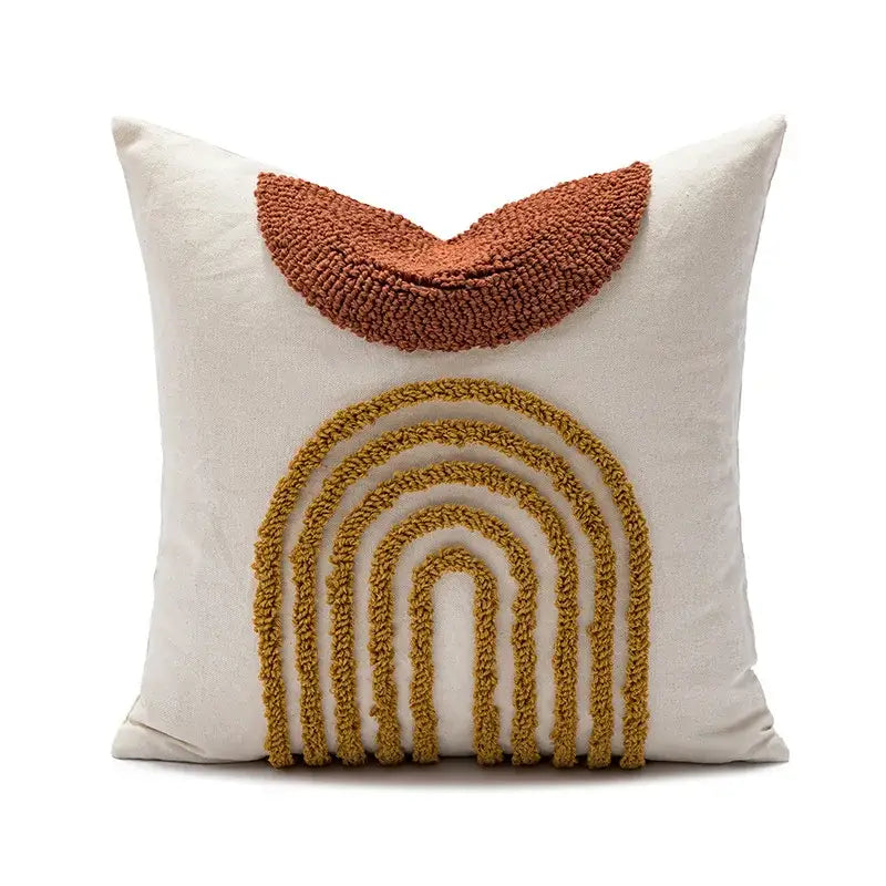 Cream-colored cushion cover with terracotta brown and mustard yellow chunky yarn geometric embroidery circle decorbites design