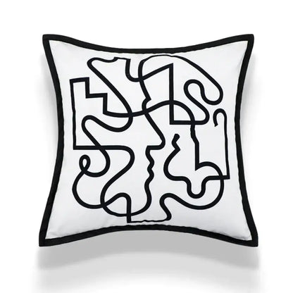 White square cushion cover with bold black geometric embroidery and matching border for living room decorbites geometric embroidery