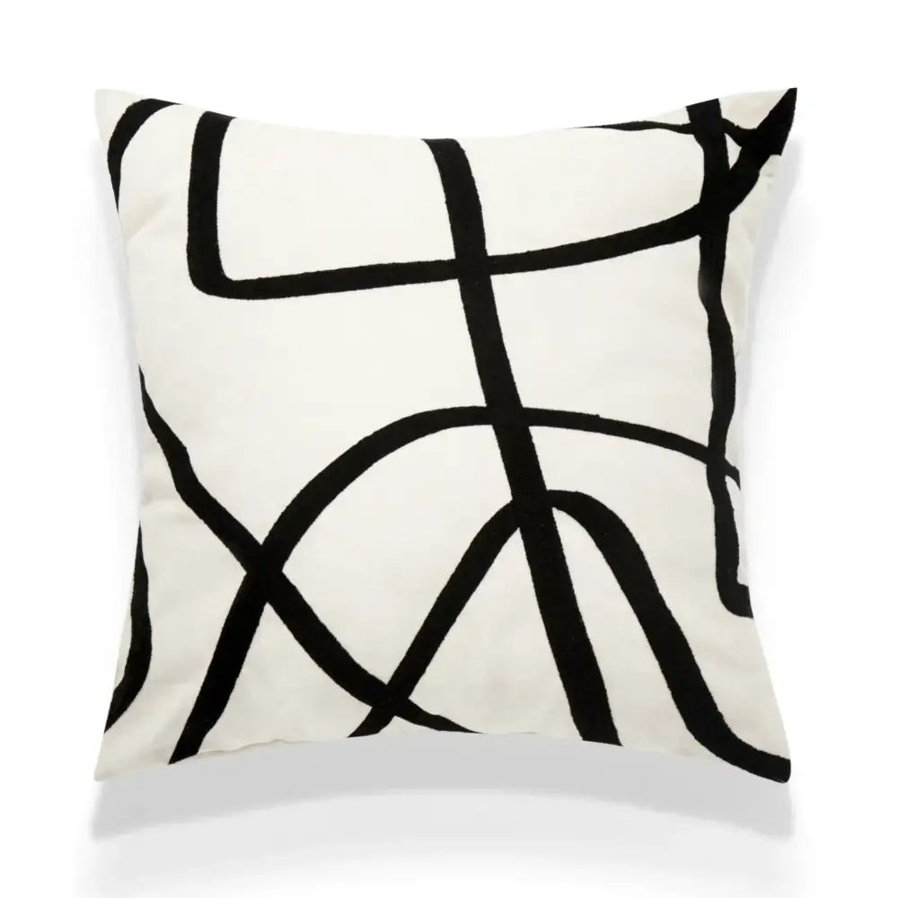 A square cream throw pillow with bold black geometric embroidery on off-white fabric for living room decorbites cushion covers