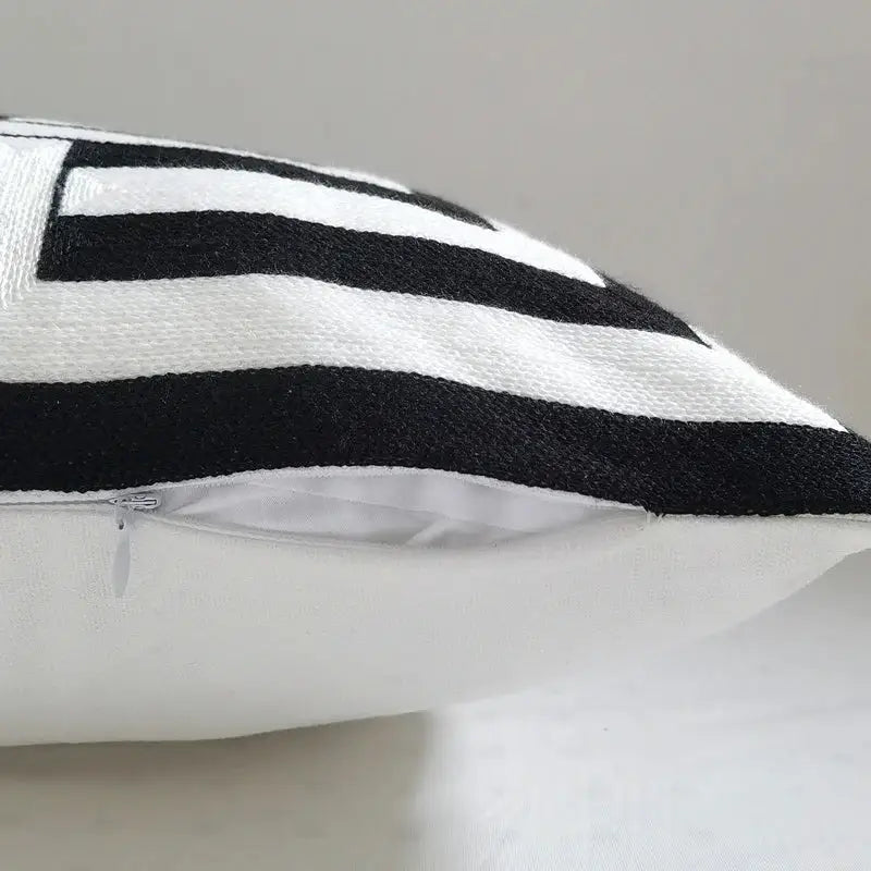 Black and white striped cushion cover with textured fabric featuring decorbites geometric embroidery for living room decor