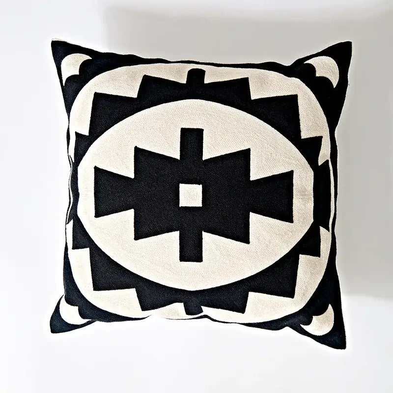 Black and cream cushion cover with bold geometric embroidery for decorbites geometric embroidery living room decor