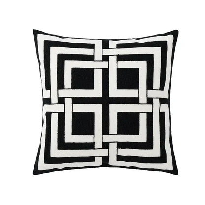 Black and white geometric embroidery cushion cover featuring bold interlocking square pattern for living room decorbites decor