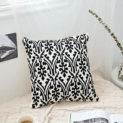 Black and white embroidered damask patterned geometric embroidery cushion cover for living room decorbites decor