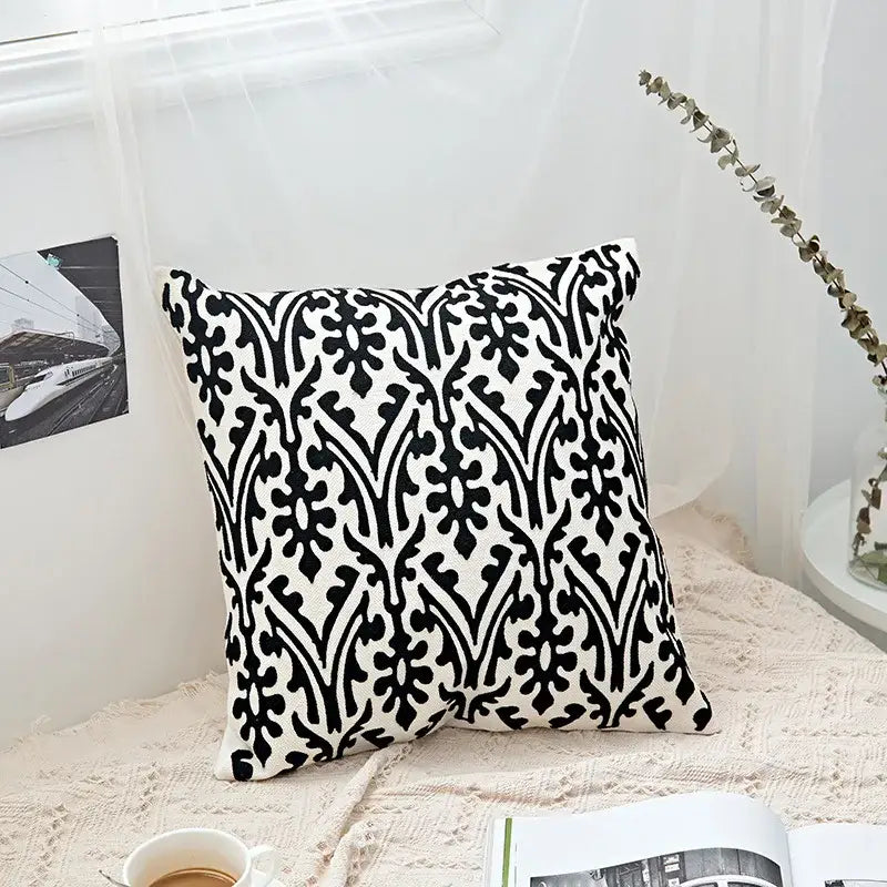 Black and white embroidered damask patterned geometric embroidery cushion cover for living room decorbites decor