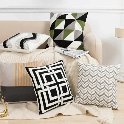 Set of four modern geometric embroidery cushion covers in black white gray and olive green for living room decorbites decor