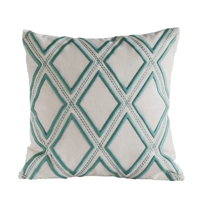 Square cushion cover with cream fabric base and teal geometric embroidery for decorbites living room decor