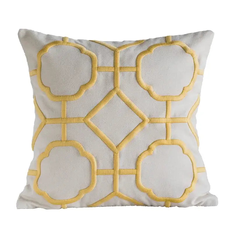 Off-white cushion cover with yellow embroidered geometric embroidery quatrefoils and diamonds for living room decorbites decor