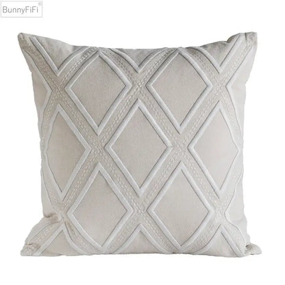 Beige velvet cushion cover with decorbites geometric embroidery in off-white thread for yellow and teal living room decor