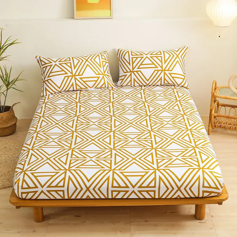 White sheet set with gold geometric figure pattern and matching pillowcases from decorbites geometric figure collection