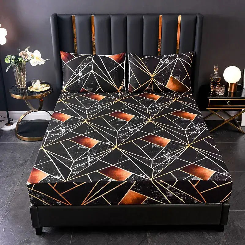 Black sheet set with geometric figure gold and copper triangles on dark background with marble-like textures from decorbites geometric figure collection