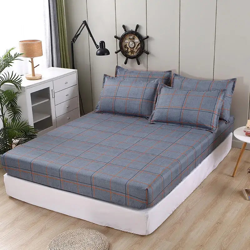 Blue and orange plaid sheet set with matching pillows featured in decorbites geometric figure white and gold bedding collection