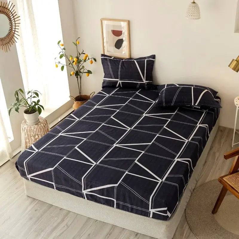 Navy blue sheet set with geometric figure white grid pattern from decorbites geometric figure bedroom bedding collection
