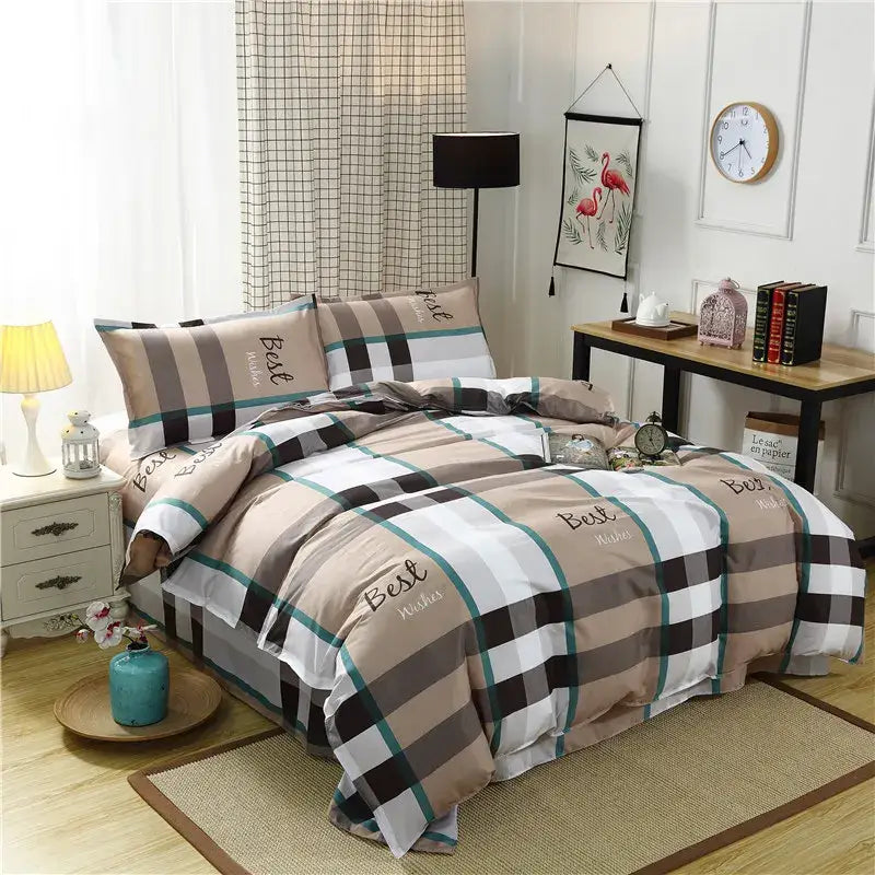 Beige black and teal plaid bedding set with best wishes script featuring decorbites geometric floral design