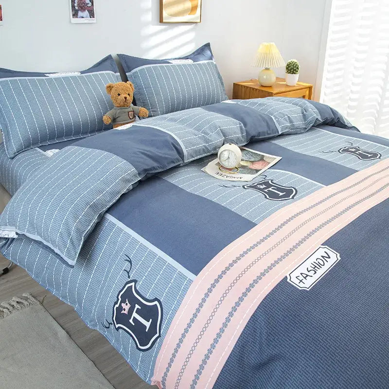 Blue and pink striped bedding set with denim texture and navy shield patches for decorbites geometric floral bedding