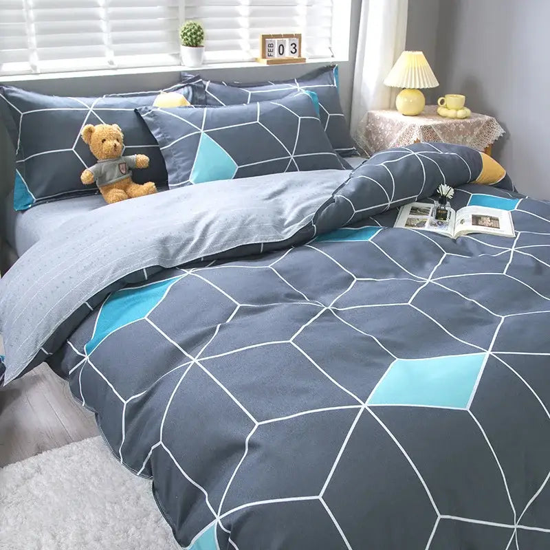 Blue and teal geometric-patterned duvet set with white lines from decorbites geometric floral bedding set collection