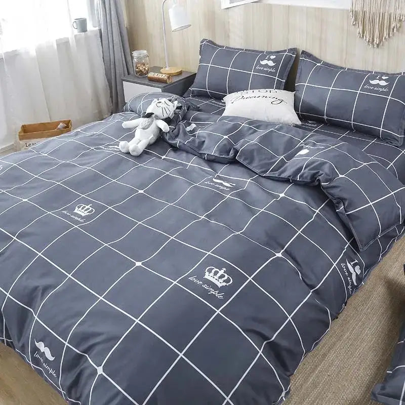 Gray grid-patterned bedding set with white crown and mustache motifs from decorbites geometric floral bedding collection