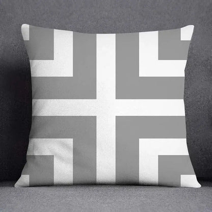 A square pillow case with a gray and white geometric floral print featuring intersecting stripes for living room decor