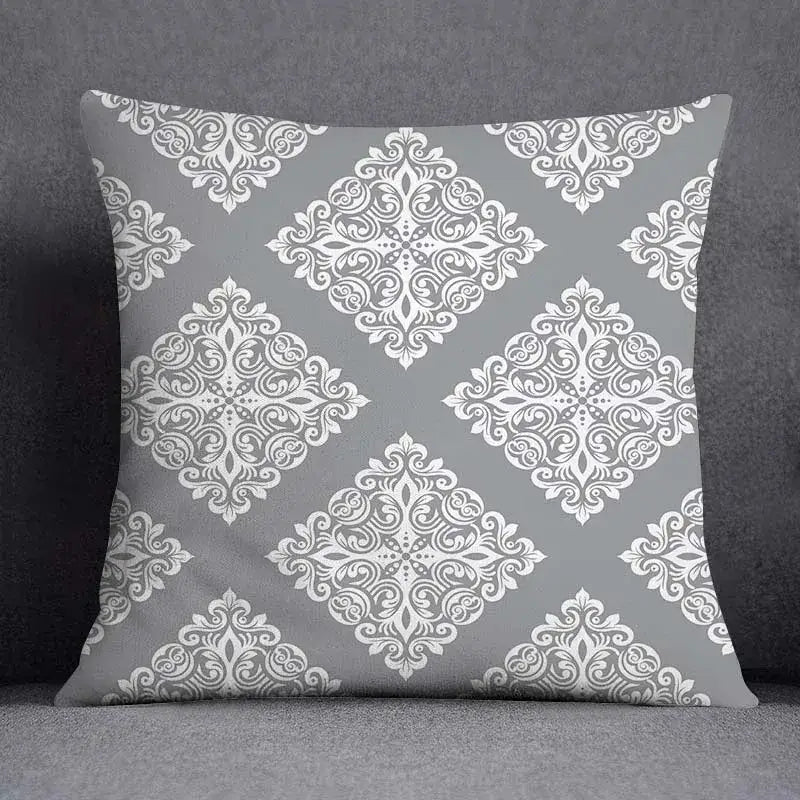 Gray throw pillow case with white damask geometric floral print for living room decorbites decorbites geometric floral decor