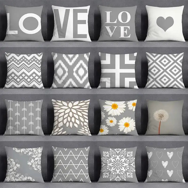Gray and white geometric floral print pillow case with love text for living room decorbites decorbites geometric floral decor