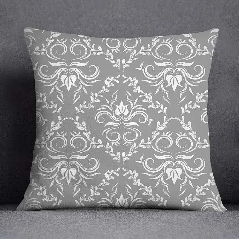Gray throw pillow case with white damask geometric floral print for decorbites living room decor