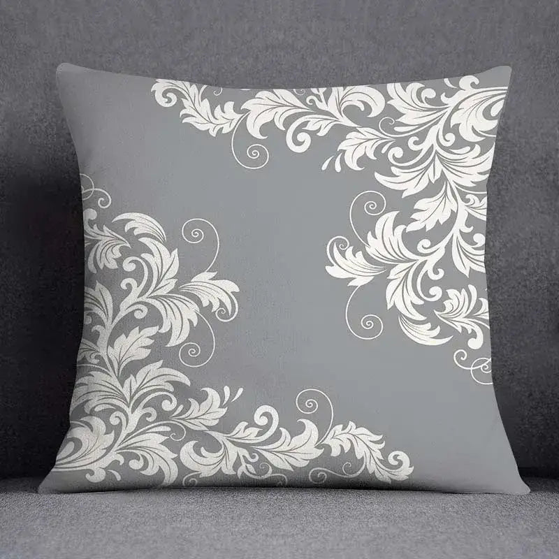 Gray throw pillow case with elegant white damask floral corners for decorbites geometric floral print living room decor
