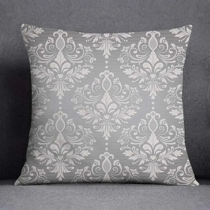 Gray throw pillow case with intricate white damask geometric floral print for living room decorbites decor