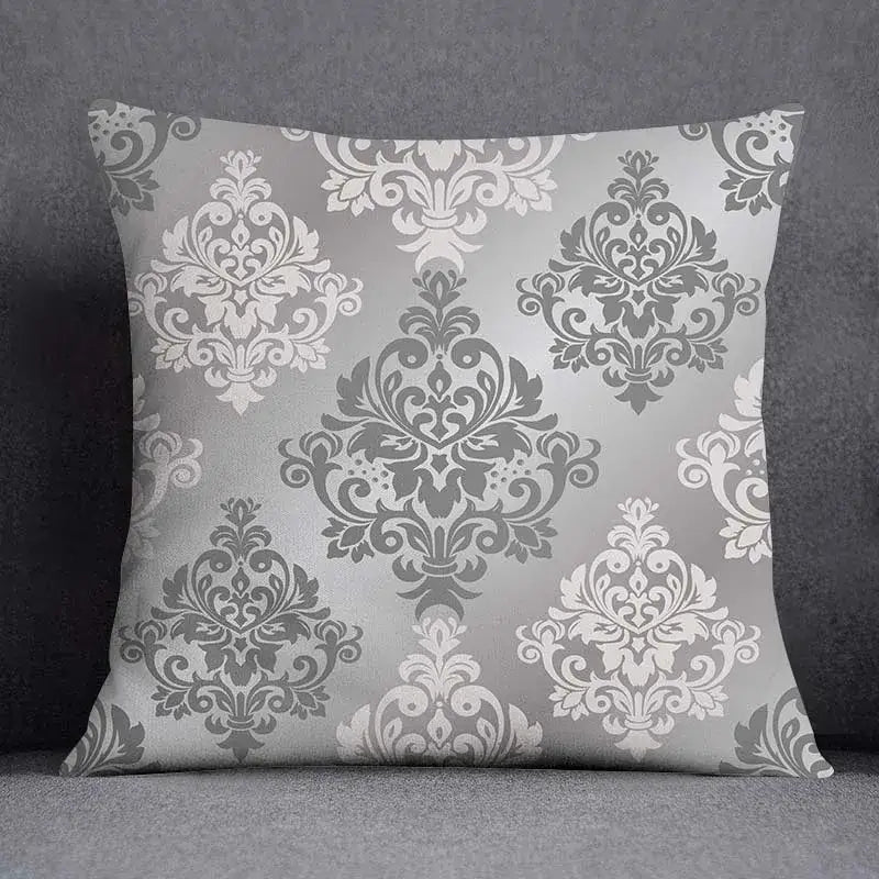 Gray and white damask-patterned pillow case featuring decorbites geometric floral print for living room decor