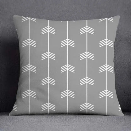 Gray throw pillow case with geometric floral print featuring white arrow motifs for living room decorbites decor