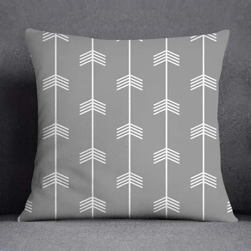 Gray throw pillow case with geometric floral print featuring white arrow motifs for living room decorbites decor