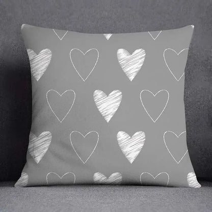 Gray throw pillow case with white chalk-drawn heart pattern for decorbites geometric floral print living room decor