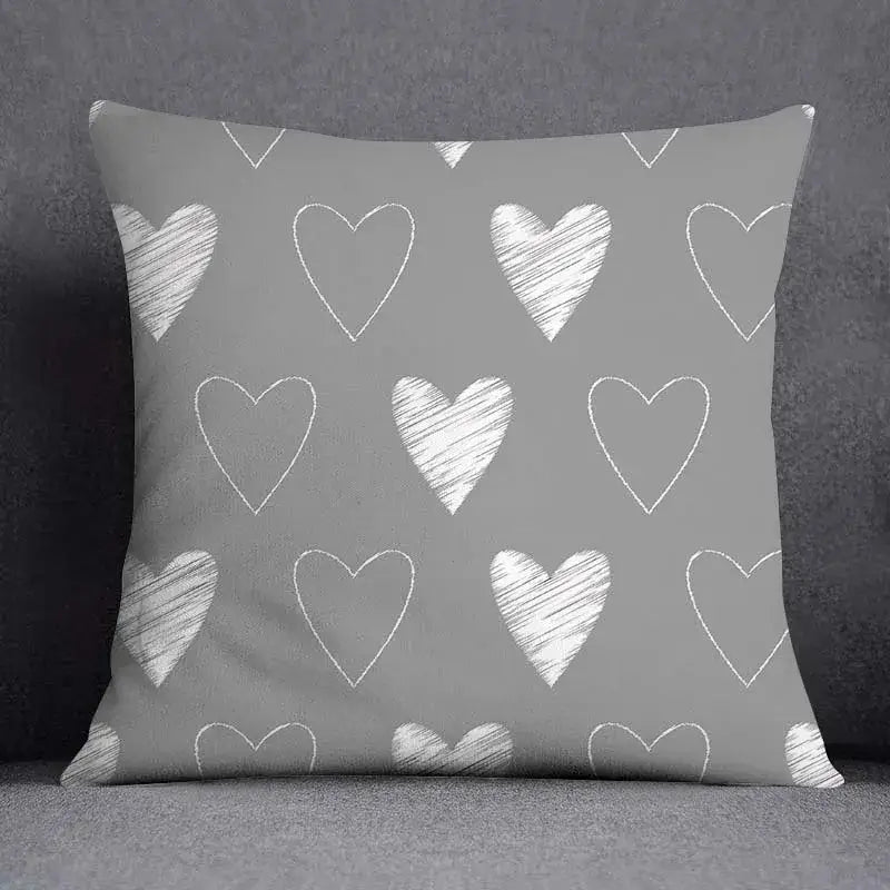 Gray throw pillow case with white chalk-drawn heart pattern for decorbites geometric floral print living room decor