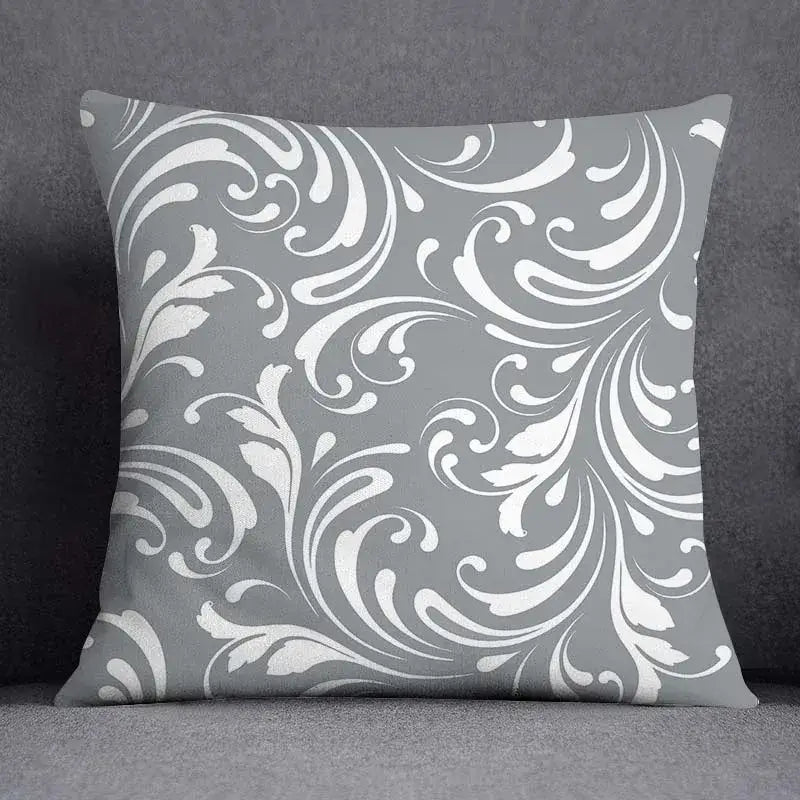Gray throw pillow case with white ornate decorbites geometric floral print for living room decor