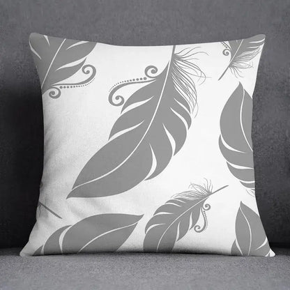 White throw pillow case with gray geometric floral print feathers and decorative swirls for living room decorbites decor