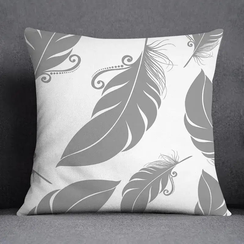 White throw pillow case with gray geometric floral print feathers and decorative swirls for living room decorbites decor
