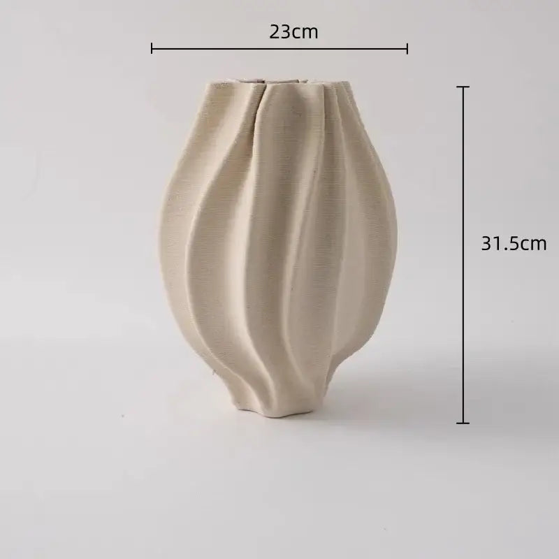 Cream-colored geometric folding ceramic vase with distinctive ribbed sculptural design for living room decorbites decor