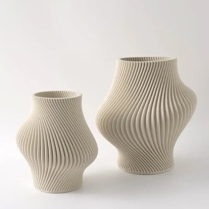 Cream-colored geometric folding ceramic vases with ribbed wavy texture for decorbites geometric folding living room decor