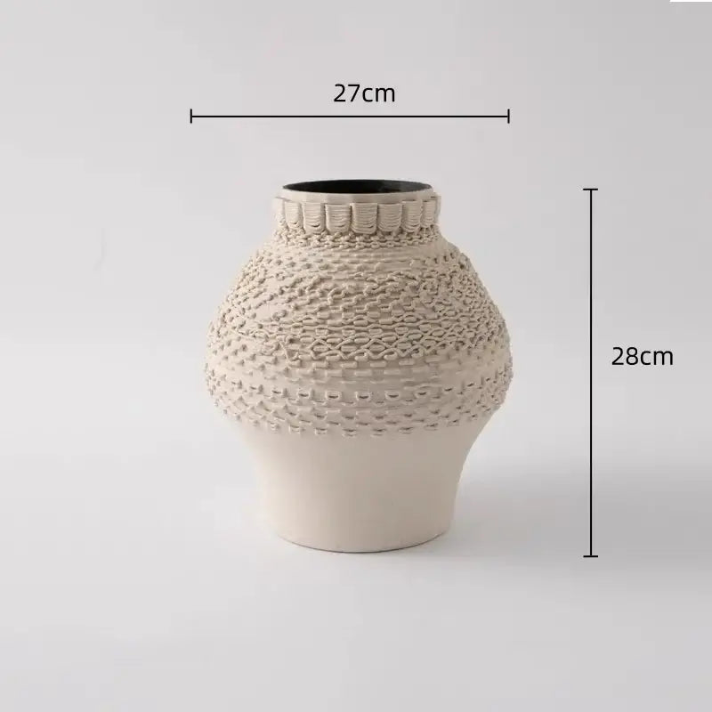 Cream-colored geometric folding ceramic vase with textured woven pattern and scalloped rim for living room decorbites decor