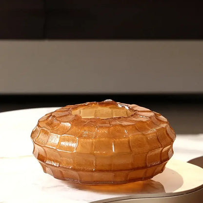 Amber-colored geometric frosted glass vase with textured quilted pattern and open top for living room decorbites decor