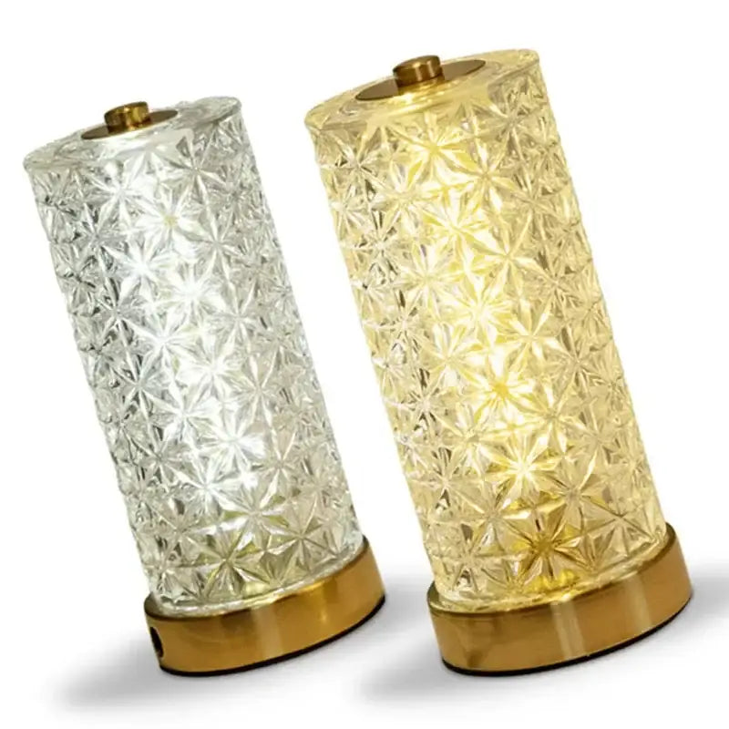 Two decorbites crystal table lamps with starburst etchings amber and clear glass brass base dimmable led light