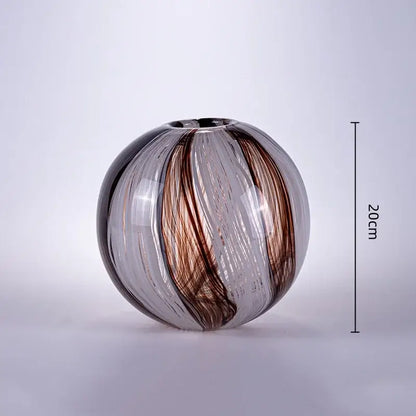 Spherical glass flower vase with swirling brown and clear patterns by decorbites geometric glass for living room decor