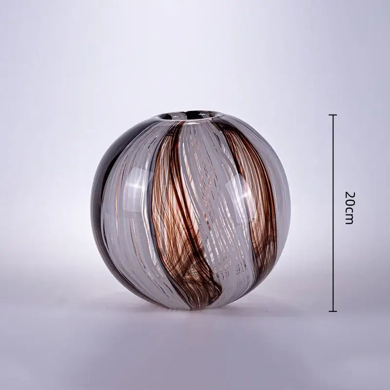 Spherical glass flower vase with swirling brown and clear patterns by decorbites geometric glass for living room decor