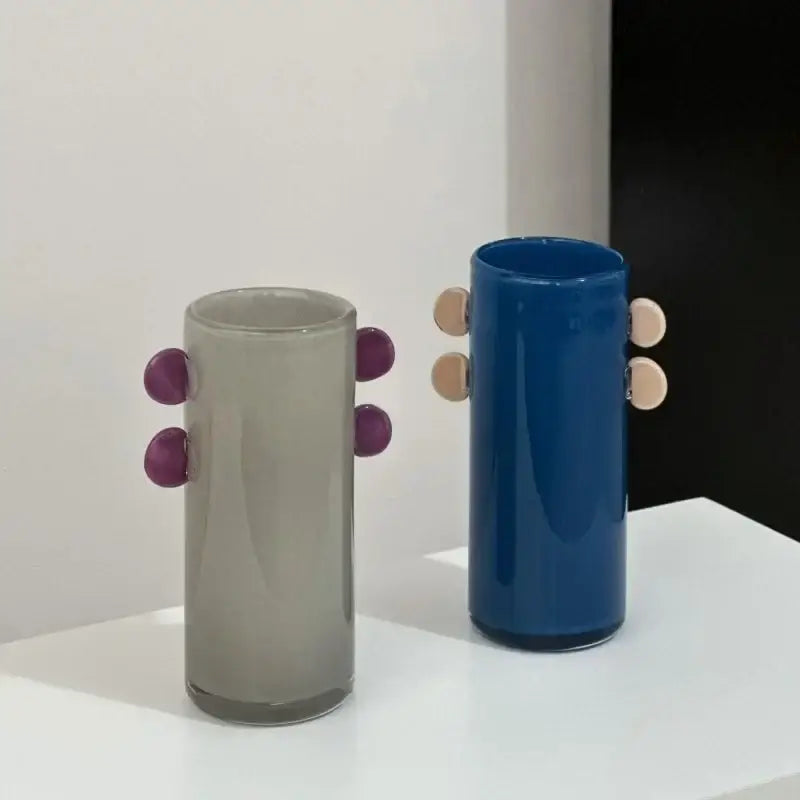 Two cylindrical geometric glass vases with color patches and spherical handles for living room decorbites decor