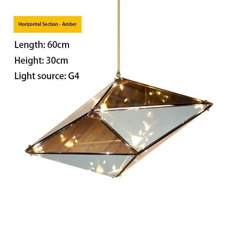 Amber-colored geometric led pendant light with brass frame and clear glass panels for dining room lighting